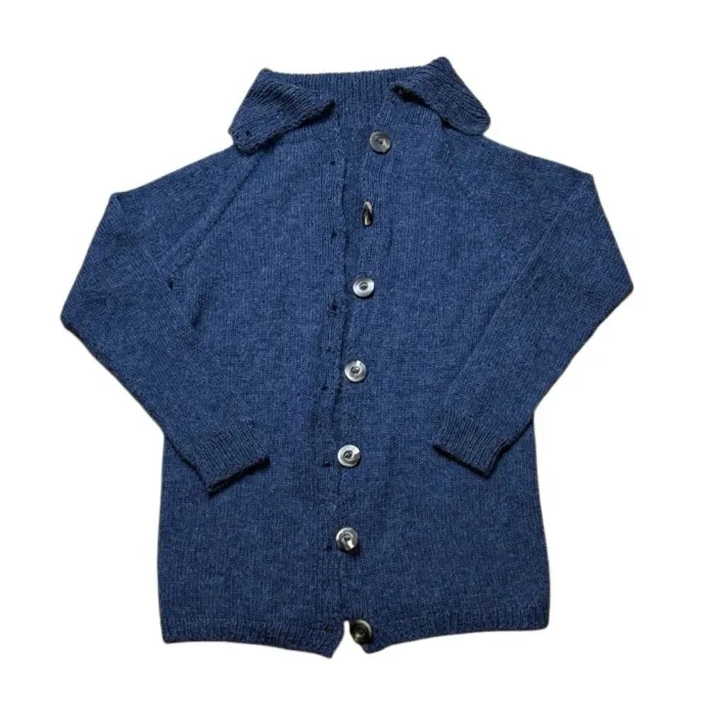 Women’s blue shawl collared knit long cardigan duster wool mohair handmade